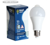 Светодиодная лампа Uniel, LED-A60-12W, 12 Вт, 4000 K, E27,PLS10WH, датчик освещенности, движ