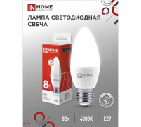 Лампа светодиодная IN HOME LED-СВЕЧА-VC, Е27, 8 Вт, 230 В, 4000 К, 720 Лм