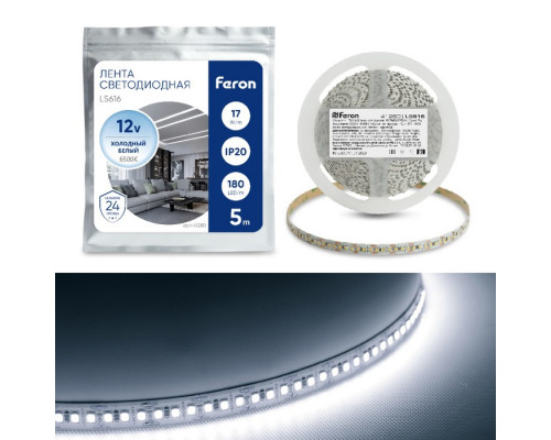 Светодиодная лента Feron 5 м, IP20, SMD2835, 180 LED/м, 17 Вт/м, 12 В, свечение х