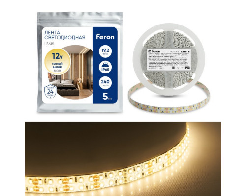 Светодиодная лента Feron 5 м, IP65, SMD2835, 240 LED/м, 19,2 Вт/м, 12 В, свечение