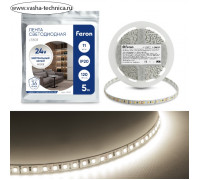 Светодиодная лента Feron 5 м, IP20, SMD2835, 120 LED/м, 11 Вт/м, 24 В, свечение белое