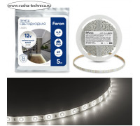 Светодиодная лента Feron 5 м, IP65, SMD2835, 60 LED/м, 4,8 Вт/м, 12 В, свечение белое