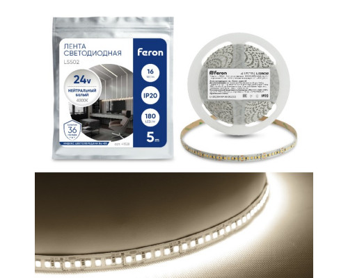 Светодиодная лента Feron 5 м, IP20, SMD2835, 180 LED/м, 16 Вт/м, 24 В, свечение б