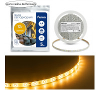 Светодиодная лента Feron 5 м, IP65, SMD2835, 60 LED/м, 4,8 Вт/м, 12 В, свечение жёлтое