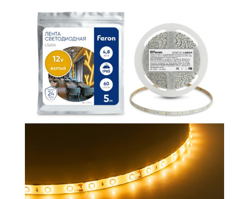 Светодиодная лента Feron 5 м, IP65, SMD2835, 60 LED/м, 4,8 Вт/м, 12 В, свечение ж