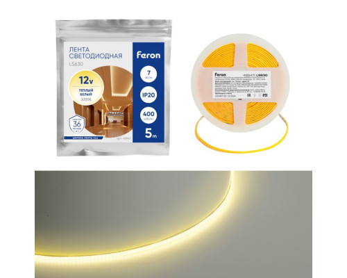 Светодиодная лента Feron 5 м, IP20, COB, 400 LED/м, 7 Вт/м, 12 В, свечение тёплое