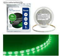 Светодиодная лента Feron 5 м, IP20, SMD2835, 60 LED/м, 4,8 Вт/м, 12 В, свечение зелёное