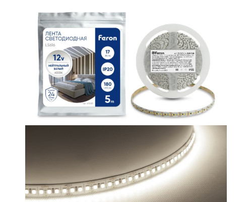 Светодиодная лента Feron 5 м, IP20, SMD2835, 180 LED/м, 17 Вт/м, 12 В, свечение б