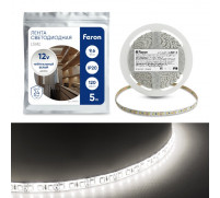 Светодиодная лента Feron 5 м, IP20, SMD2835, 120 LED/м, 9,6 Вт/м, 12 В, свечение белое