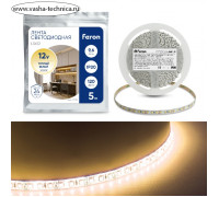 Светодиодная лента Feron 5 м, IP20, SMD2835, 120 LED/м, 9,6 Вт/м, 12 В, свечение тёплое белое