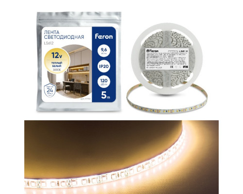 Светодиодная лента Feron 5 м, IP20, SMD2835, 120 LED/м, 9,6 Вт/м, 12 В, свечение 