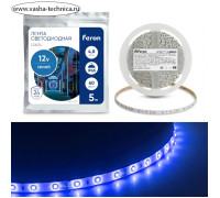 Светодиодная лента Feron 5 м, IP65, SMD2835, 60 LED/м, 4,8 Вт/м, 12 В, свечение синее