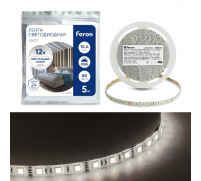 Светодиодная лента Feron 5 м, IP65, SMD5050, 60 LED/м, 14,4 Вт/м, 12 В, свечение белое