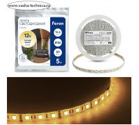 Светодиодная лента Feron 5 м, IP20, SMD5050, 60 LED/м, 14,4 Вт/м, 12 В, свечение тёплое белое