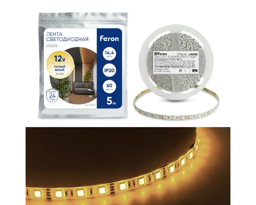 Светодиодная лента Feron 5 м, IP20, SMD5050, 60 LED/м, 14,4 Вт/м, 12 В, свечение 