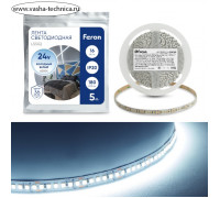 Светодиодная лента Feron 5 м, IP20, SMD2835, 180 LED/м, 16 Вт/м, 24 В, свечение холодное белое