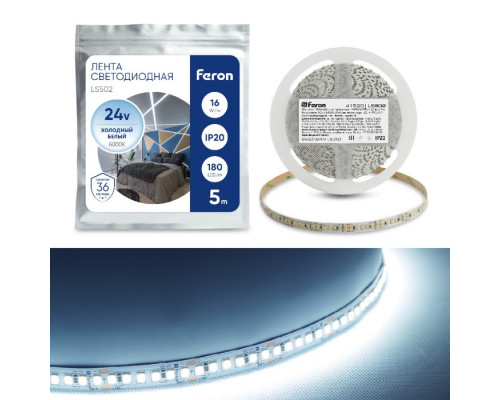 Светодиодная лента Feron 5 м, IP20, SMD2835, 180 LED/м, 16 Вт/м, 24 В, свечение х