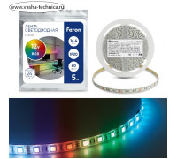 Светодиодная лента Feron 5 м, IP20, SMD5050, 60 LED/м, 14,4 Вт/м, 12 В, свечение RGB