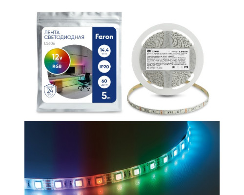 Светодиодная лента Feron 5 м, IP20, SMD5050, 60 LED/м, 14,4 Вт/м, 12 В, свечение 