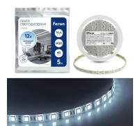 Светодиодная лента Feron 5 м, IP20, SMD5050, 60 LED/м, 14,4 Вт/м, 12 В, свечение холодное белое