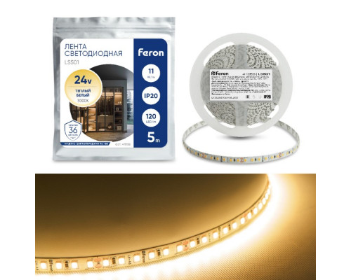 Светодиодная лента Feron 5 м, IP20, SMD2835, 120 LED/м, 11 Вт/м, 24 В, свечение т