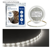 Светодиодная лента Feron 5 м, IP20, SMD2835, 60 LED/м, 4,8 Вт/м, 12 В, свечение белое