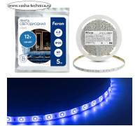 Светодиодная лента Feron 5 м, IP20, SMD2835, 60 LED/м, 4,8 Вт/м, 12 В, свечение синее