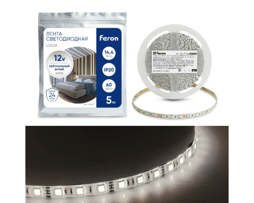 Светодиодная лента Feron 5 м, IP20, SMD5050, 60 LED/м, 14,4 Вт/м, 12 В, свечение 