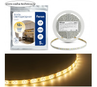 Светодиодная лента Feron 5 м, IP20, SMD2835, 60 LED/м, 4,8 Вт/м, 12 В, свечение тёплое белое