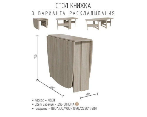 Стол книжка 880х300/900/1690/2280х740 Дуб сонома